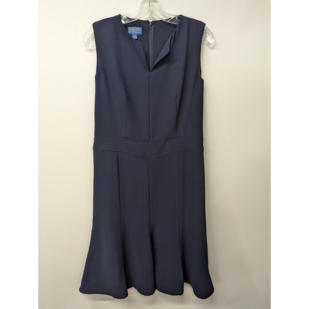 PENDLETON Women's Midi Sleeveless Dress Flared Navy Blue Split Neck Size 10 P